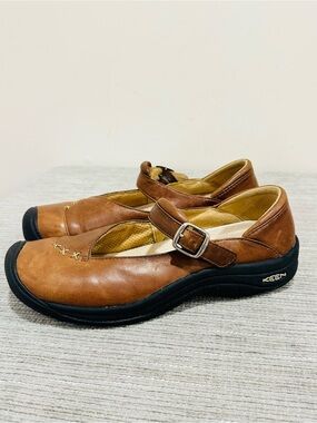 Keen Brown Leather Mary Jane Flats with Black Sole